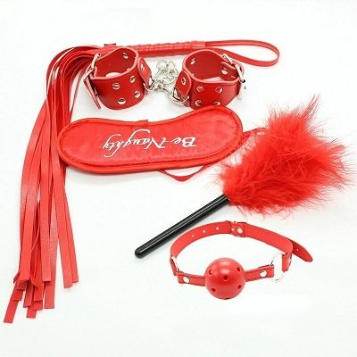 5Pcs Be Naughty Red BDSM Set - PU Leather Handcuff Version